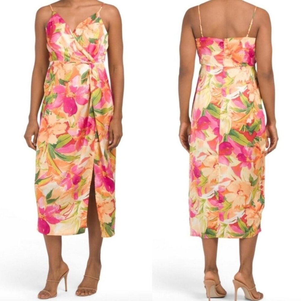 Nicole Miller Faux Wrap Floral Midi Dress Orange Size S